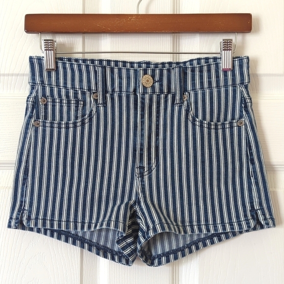 American Eagle Retro Striped Dark Wash High Waisted Shortie Jean Shorts 4 - Picture 1 of 12